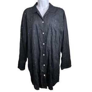 Graham Kandiah Black Shirt Dress‎ Size L Embroidered Moto Boho Flowy Lagenlook